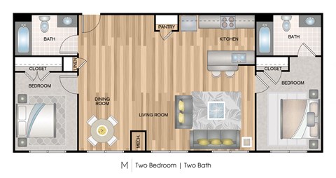 Floor plan for 2 beds, 2 baths, 1059 sqft